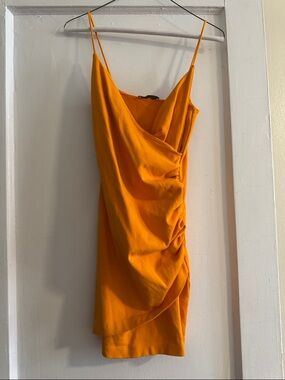 Zara Bright Orange Ruched Slip Mini Dress